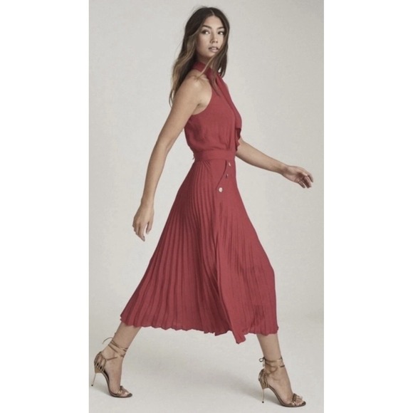 Reiss Other - Reiss Red Pleated Halter Midi Dress Berry Pink Gold Button Detail Size 4